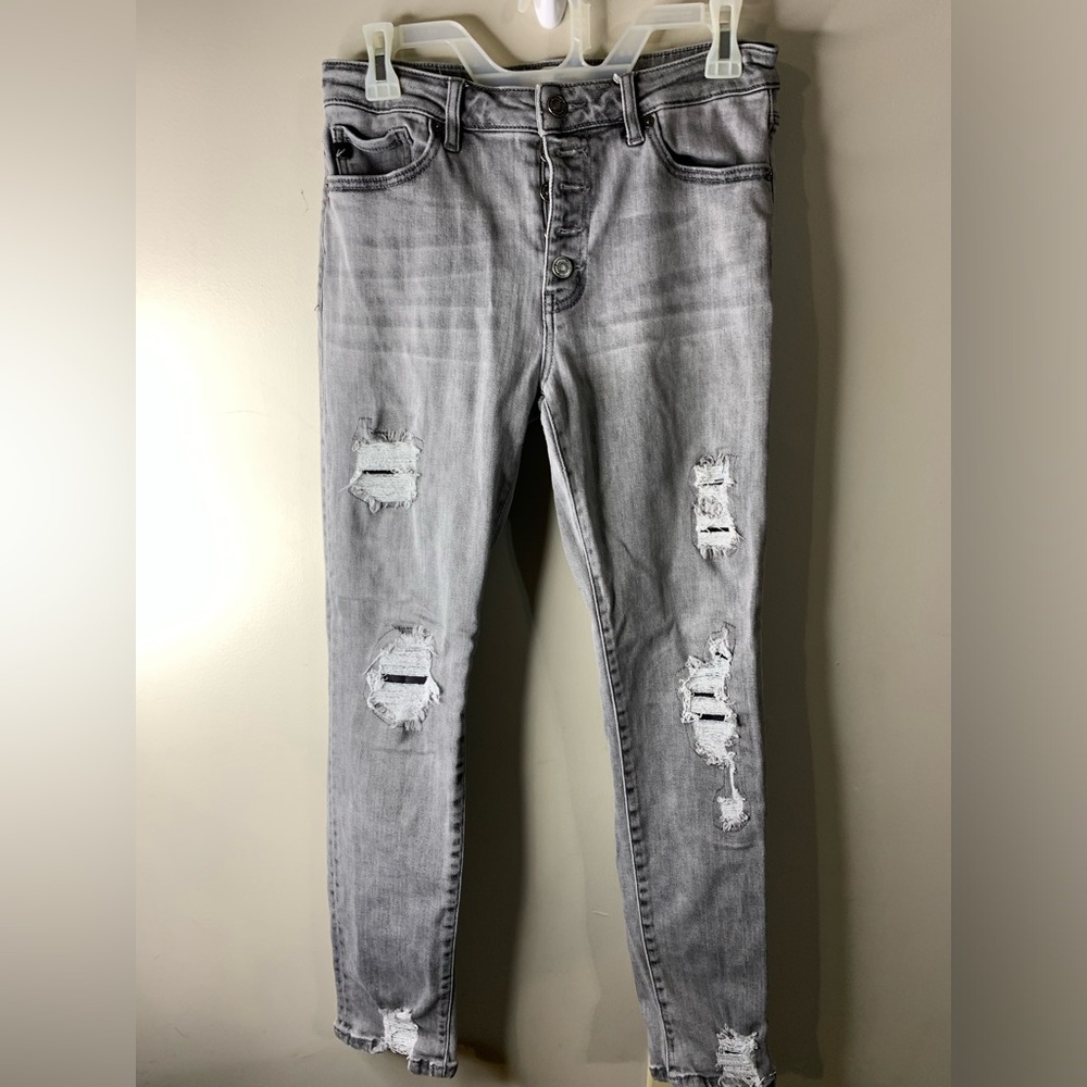 Women’s Kancan Black Denim high rise button up skinny distressed jeans size 9/28